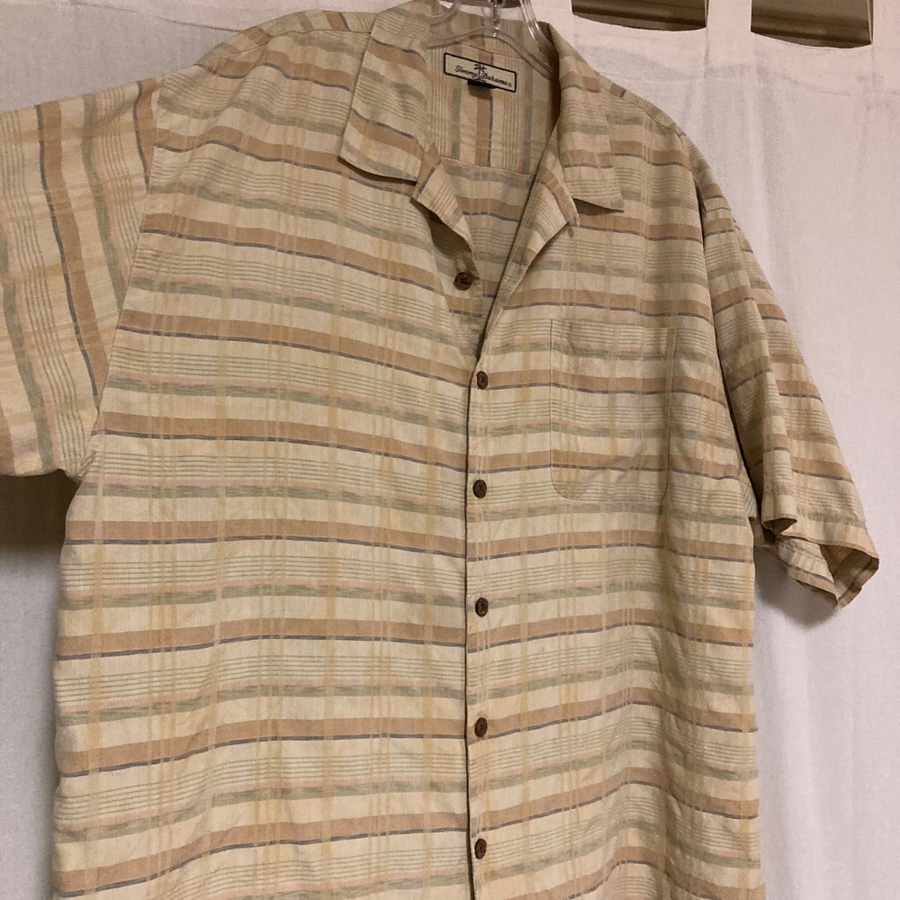 Tommy Bahama Plaid Striped Short Sleeve Button Down Shirt 100% Silk Yellow XL
